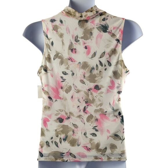 NEW Vince Camuto Large Mesh Mock Neck Sleeveless Blouse Pink White Petal Print - Picture 5 of 10